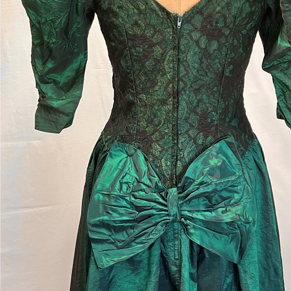 VINTAGE 80s holographic prom gown formal dress dark moody emerald forest lace - Picture 4 of 17